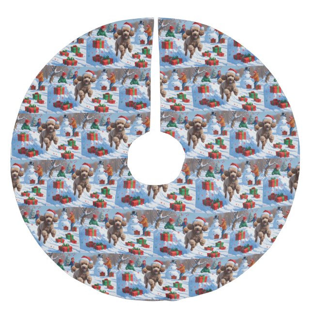 Poodle Running in Snow with Christmas Hat Brushed Polyester Tree Skirt (Front)