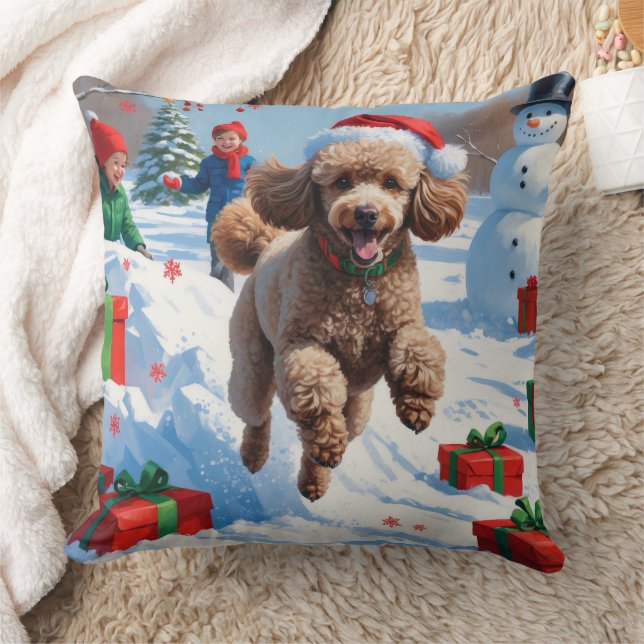 Poodle Running in Snow with Christmas Hat Cushion (Blanket)