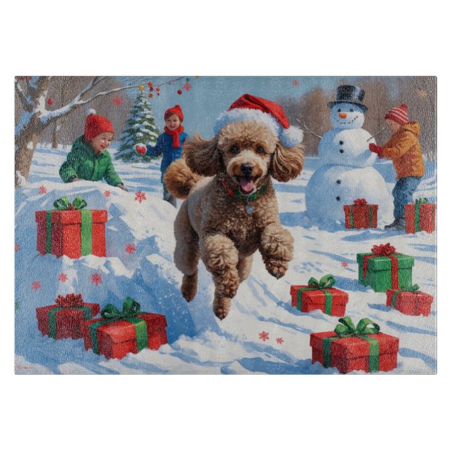 Poodle Running in Snow with Christmas Hat Cutting Board (Front)