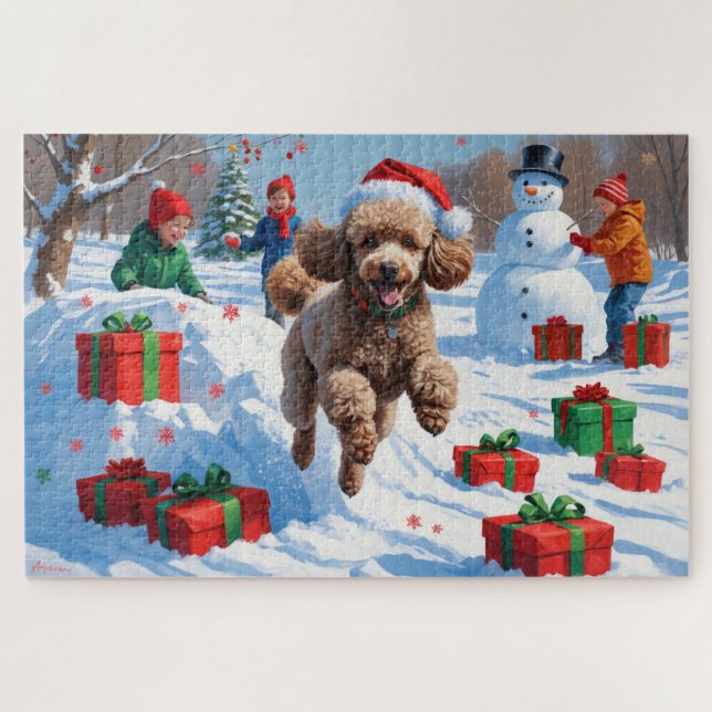 Poodle Running in Snow with Christmas Hat Jigsaw Puzzle (Horizontal)