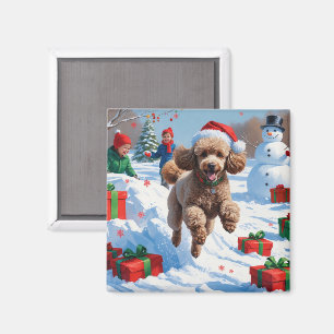 Poodle Running in Snow with Christmas Hat Magnet