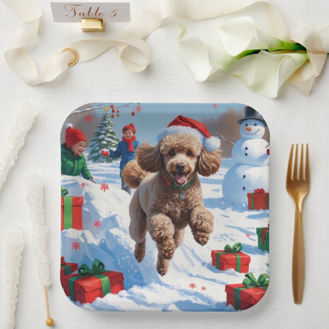 Poodle Running in Snow with Christmas Hat Paper Plate (Wedding)