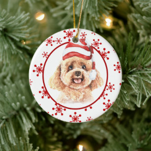 Poodle Santa Hat Red Snowflake Ceramic Tree Decoration