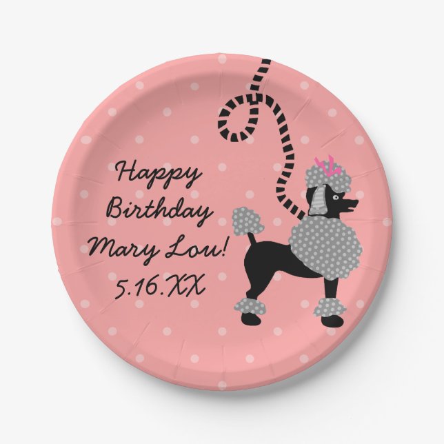 Poodle Skirt 50s Retro Pink Black Birthday Party Paper Plate (Front)