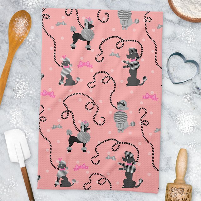 Poodle Skirt Retro Pink and Black 50s Pattern Tea Towel (Creator Uploaded)