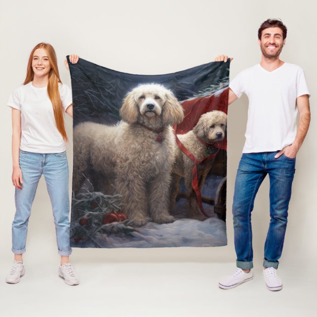 Poodle Snowy Sleigh Christmas Decor Fleece Blanket (In Situ)