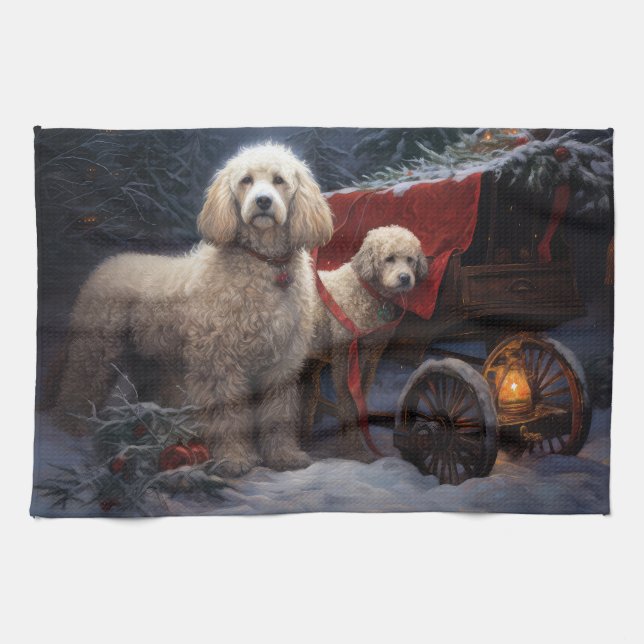 Poodle Snowy Sleigh Christmas Decor Tea Towel (Horizontal)