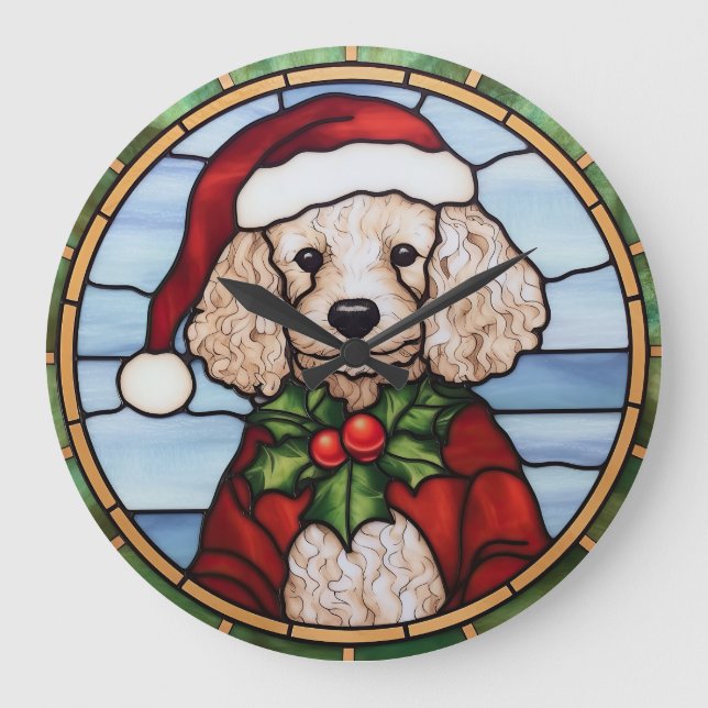 Poodle Stained Glass Christmas  Large Clock (Front)