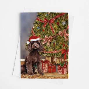 Poodle Watercolor Under the Christmas Tree Card