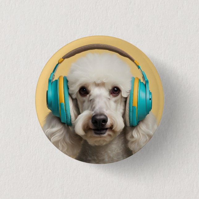 Poodle wearing headphones 3 cm round badge (Front)