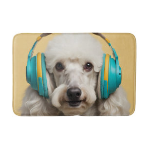 Poodle wearing headphones bath mat