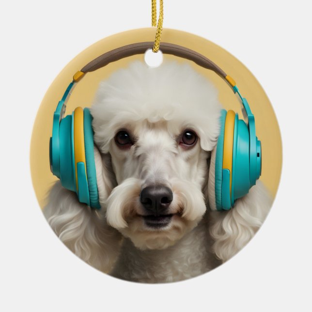 Poodle wearing headphones ceramic tree decoration (Front)