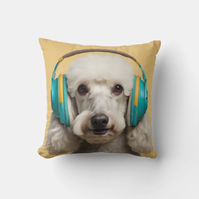 Poodle wearing headphones cushion (Front)
