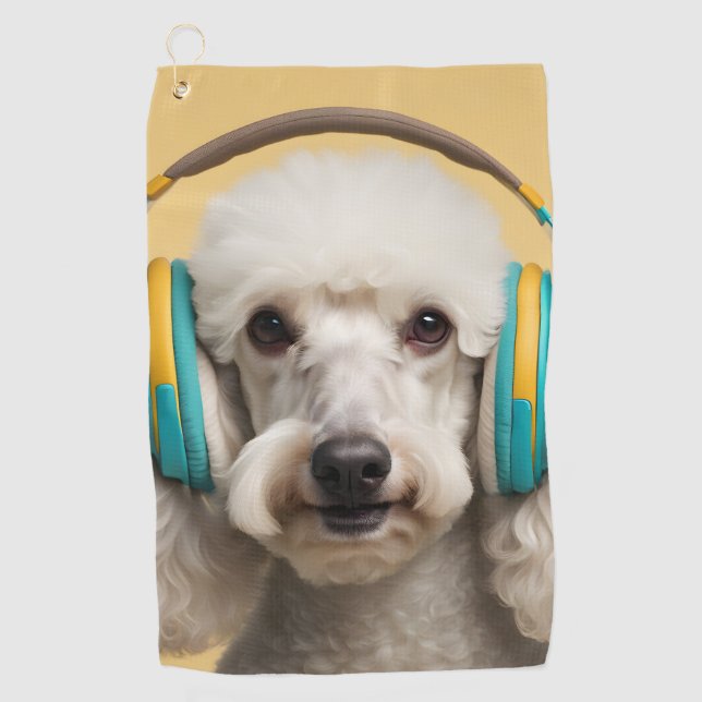 Poodle wearing headphones golf towel (Front)