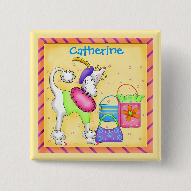 Poodle Whimsy Dog Art Yellow Name Badge (Front)