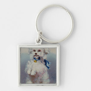 Poodle with blue ribbon key ring