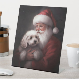 Poodle With Santa Claus Festive Christmas Pedestal Sign