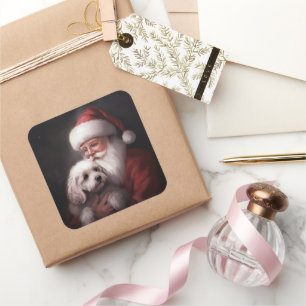 Poodle With Santa Claus Festive Christmas Square Sticker