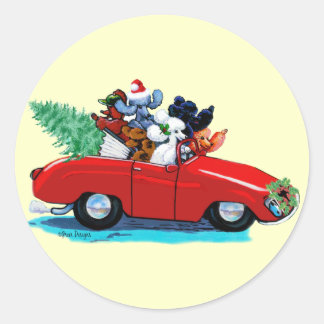 Poodles Christmas Vintage Car Art Print Classic Round Sticker