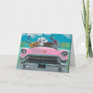 Poodles in Pink Cadillac Retro Print Card