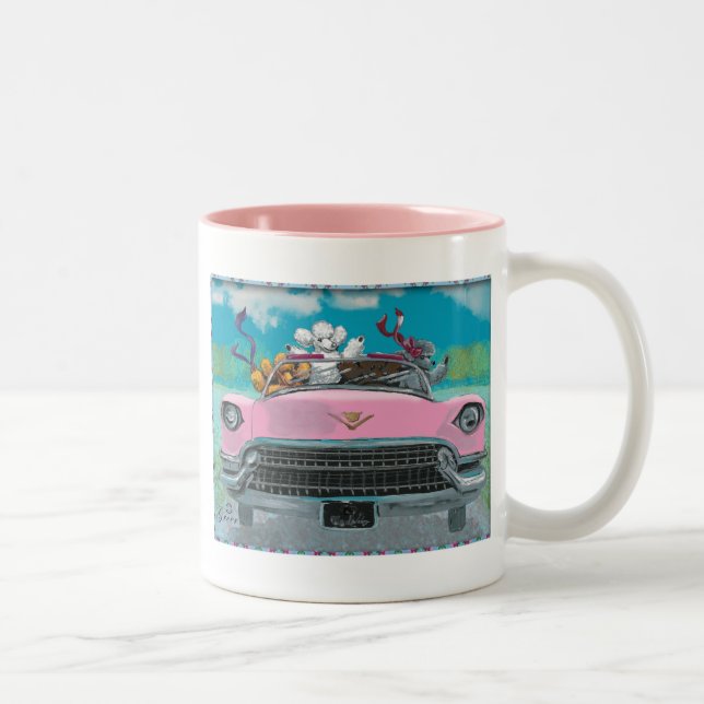 Poodles in Pink Cadillac Retro Print mug cup (Right)