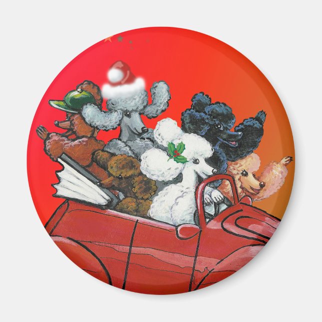 Poodles in Red Convertible Christmas Magnet (Front)