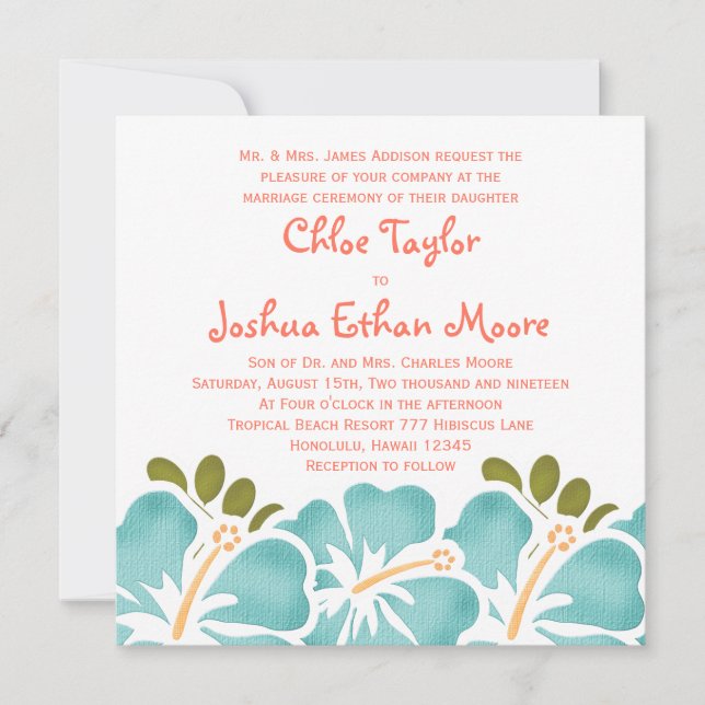 Pool and Coral Hibiscus Wedding Invitations (Front)