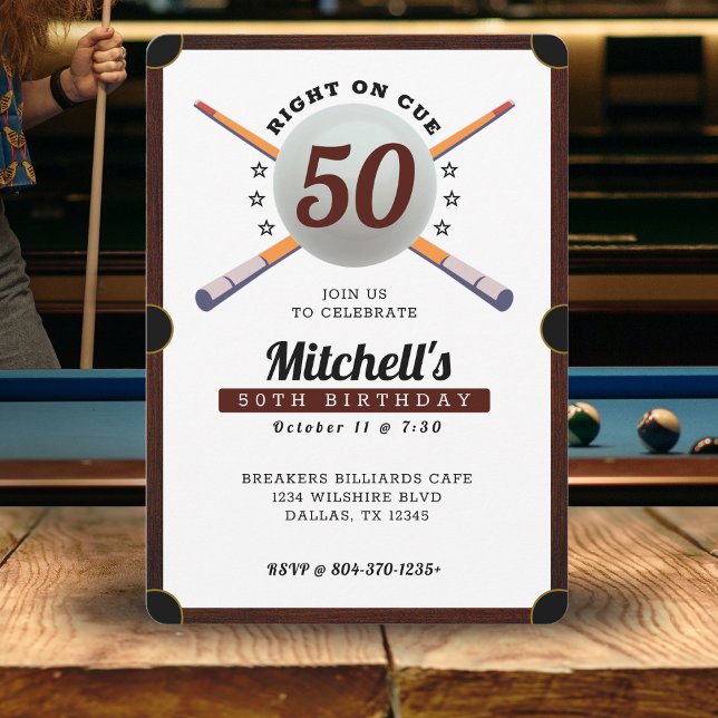 Pool Billiards 50th Birthday Party White Invitation (Pool Billiards 50th Birthday Party White Invitation
)