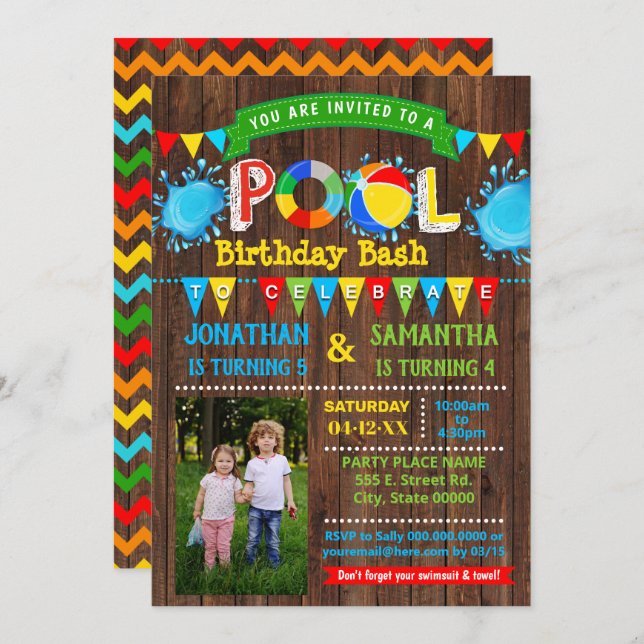 Pool birthday bash combined party wood photo invitation (Front/Back)