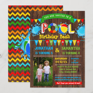Pool birthday bash combined party wood photo invitation