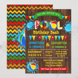Pool birthday bash siblings combined party wood invitation