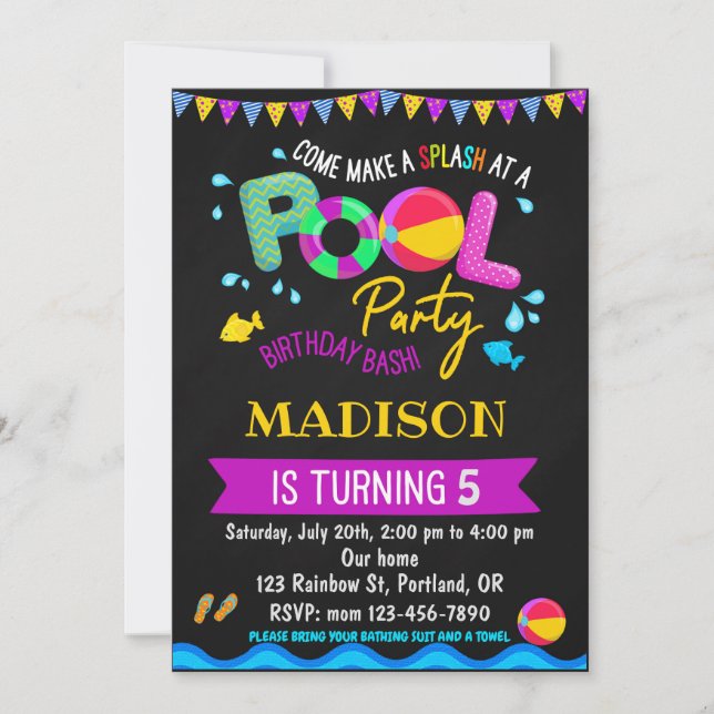 Pool birthday invitation Pool party Girl water fun (Front)