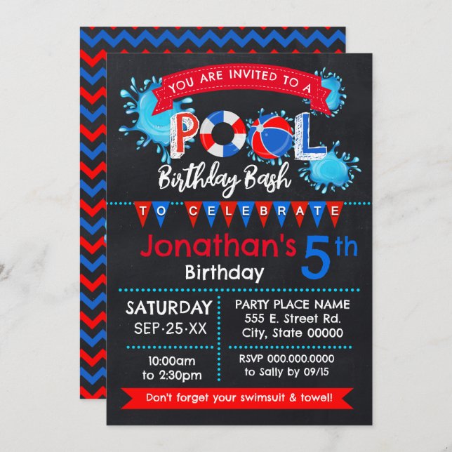 Pool Birthday Party Bash Red White Blue Invitation (Front/Back)
