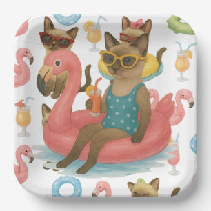 Pool Birthday Party for Cat Lovers Paper Plate