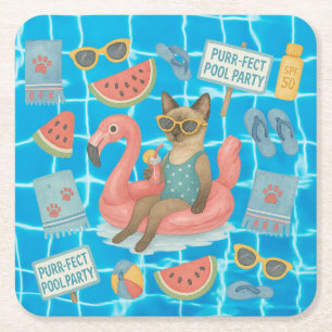 Pool Birthday Party for Cat Lovers Square Paper Coaster