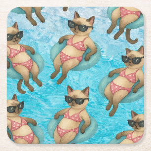 Pool Birthday Party for Cat Lovers Square Paper Coaster