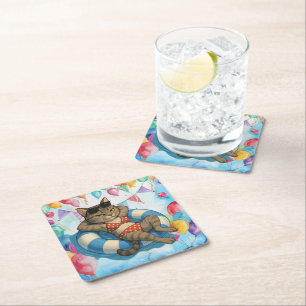 Pool Birthday Party for Cat Lovers Square Paper Coaster