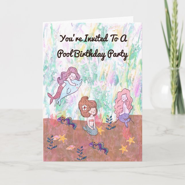 Pool Birthday Party Invitation with Mermaids (Front)