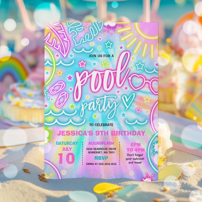 Pool Birthday Party Slide Splash Pad Tie Dye Glow Invitation (Creator Uploaded)