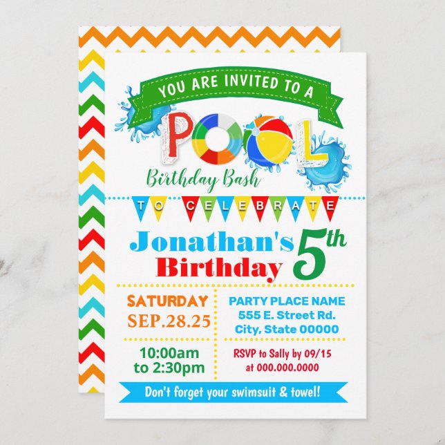 Pool birthday party summer bash invitation (Front/Back)