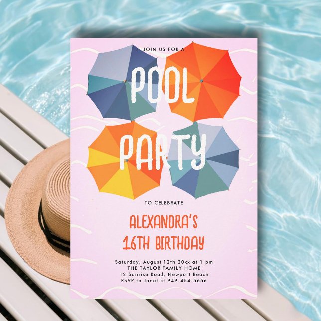 Pool Birthday Party Umbrellas Cool Pink Sweet 16 Invitation (pink sweet 16 pool party invitations ideas modern umbrellas colorful pattern chic cute cool fun teen)