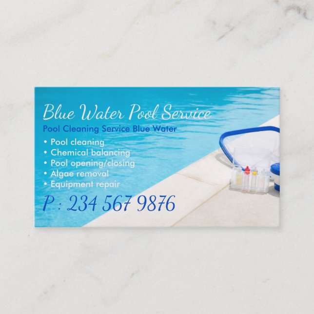 Pool Cleaning Service Blue Water Business Card (Front)