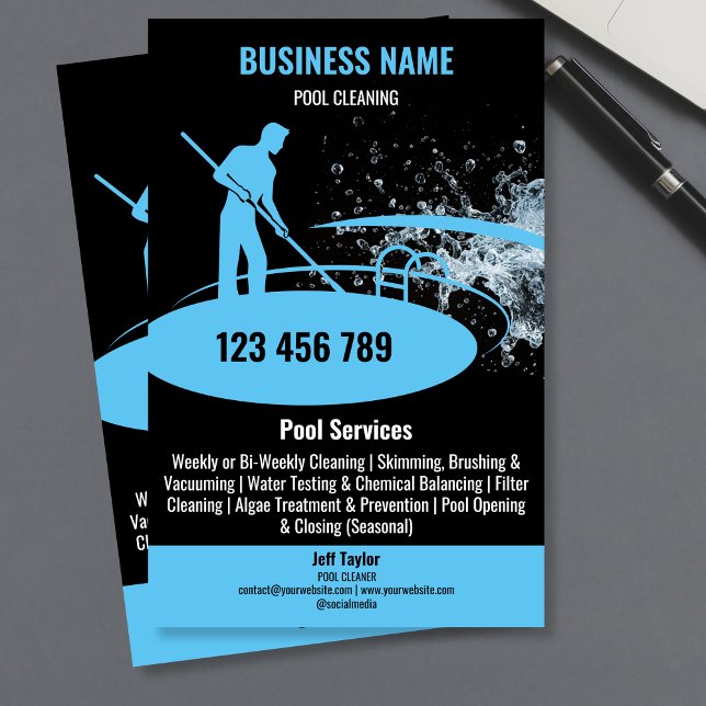 Pool Cleaning Services Pool Maintenance and Repair Flyer (pool guy cleaning swimming pool logo, blue on black background)