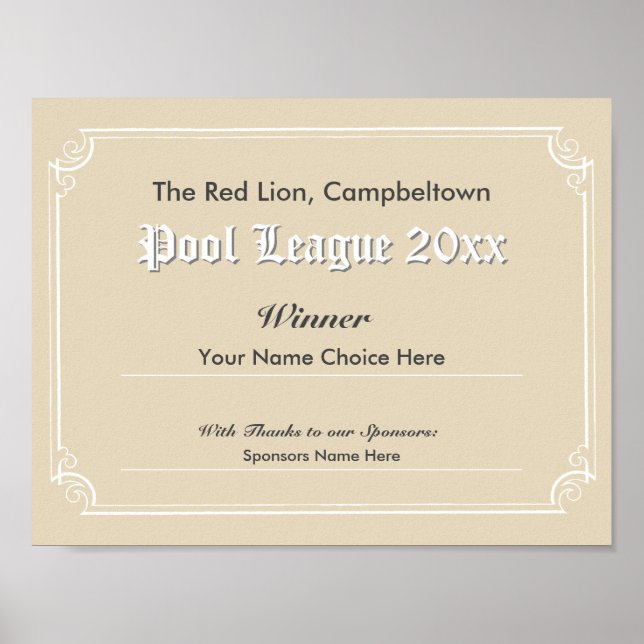Pool Competition Winner's Certificate Poster (Front)
