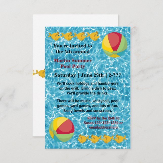 Pool Fish Ball - 3x5 Pool Party Invitation (Front/Back)