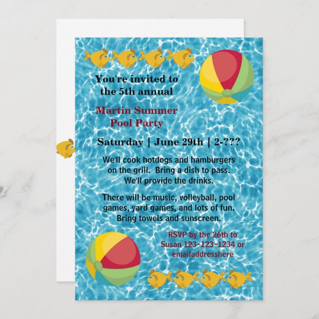 Pool Fish Ball - Pool Party Invitation (Front/Back)