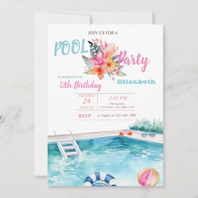 Pool Float Glasses Flowers Birthday Party  Invitation (Front)