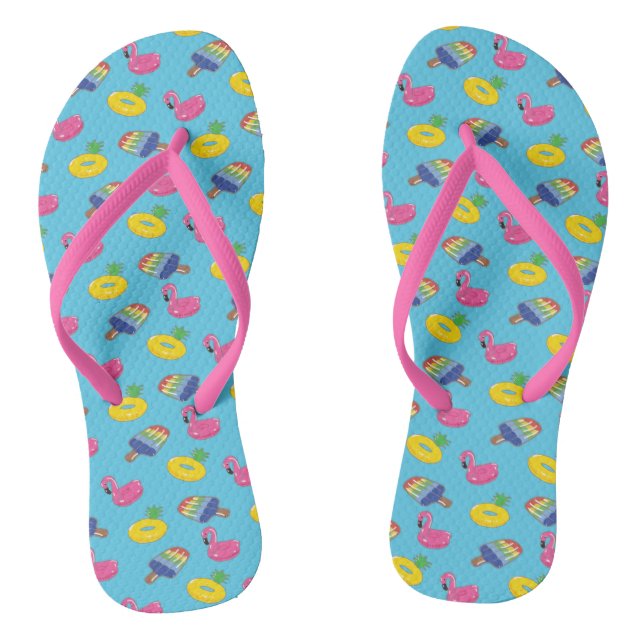 Pool Floats Patterned Bright Blue and Pink Summer Jandals (Footbed)