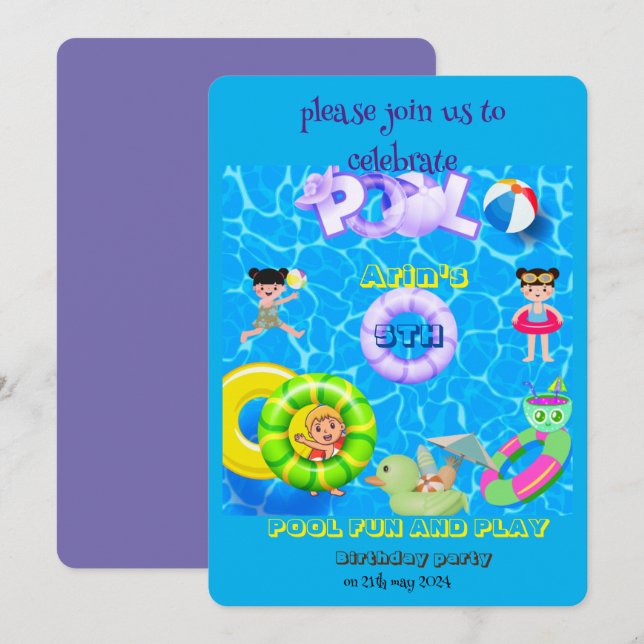 pool fun and play birthday party invitation (Front/Back)