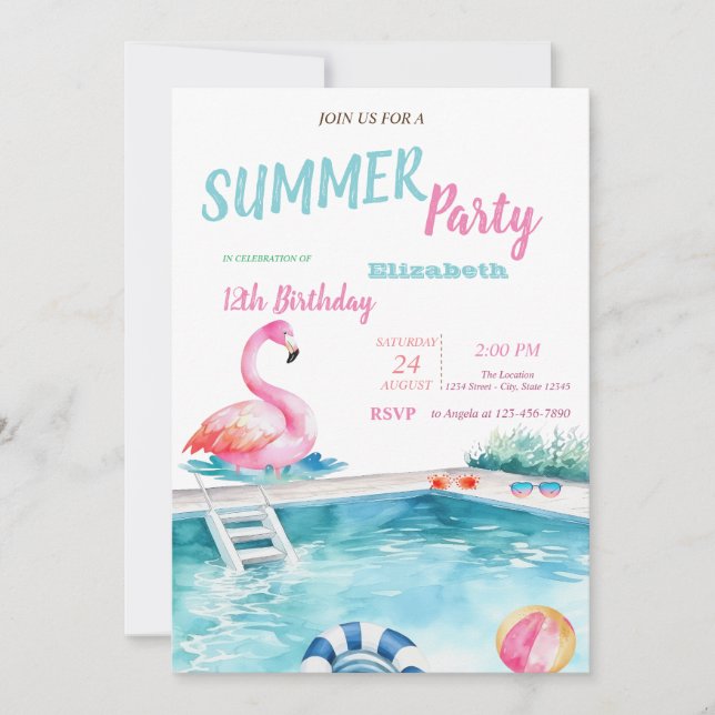Pool Glasses Flamingos Summer Birthday Party  Invitation (Front)